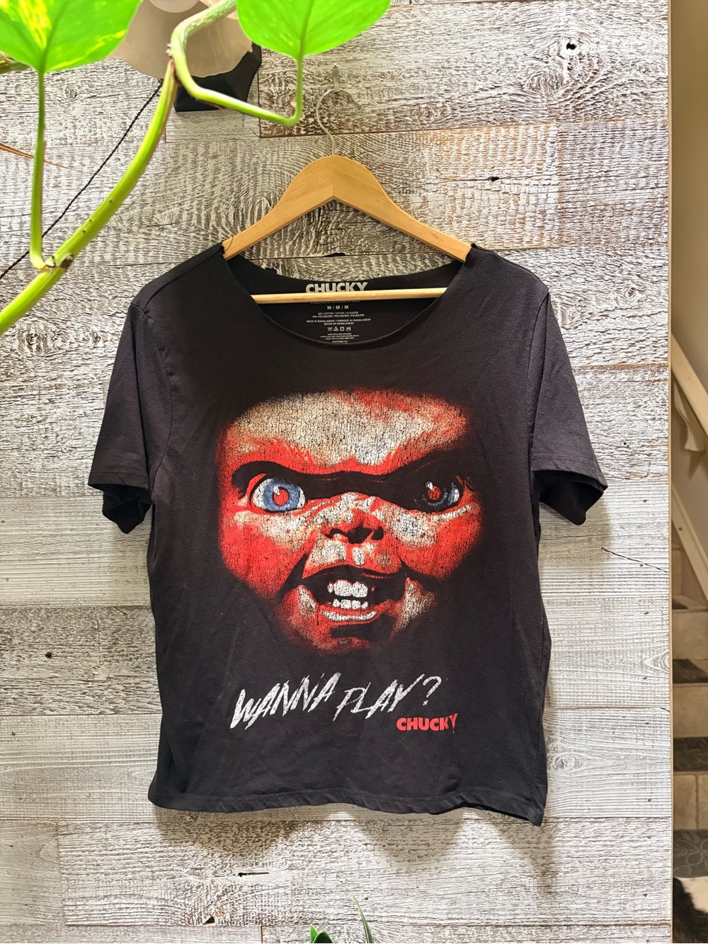 Mad Engine | "Wanna Play?" Child's Play Creepy Chucky Doll Graphic Tee - Women M